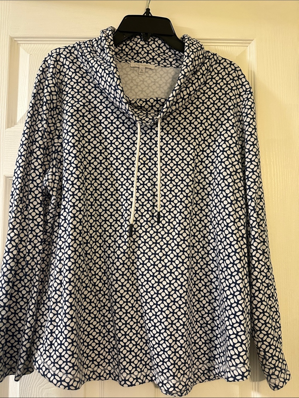 Talbots Navy and White Geometric Hooded Pullover